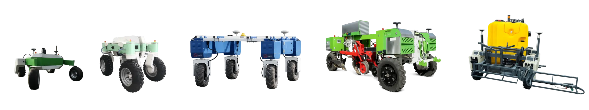 A lineup of field-tested robots previously built by Exobotic Technologies — small carrier, four-wheel platform, wide-span gantry, green tractor-style robot, and yellow sprayer
