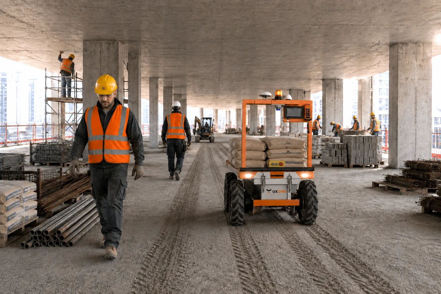 oxone carrying construction materials on an active construction site
