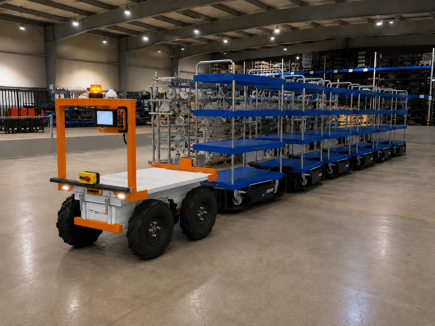 oxone pulling a train of warehouse trolleys