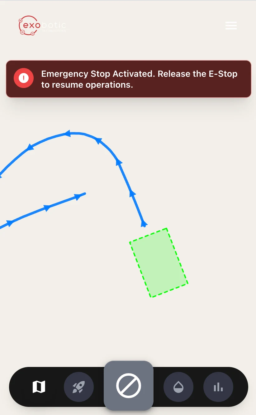 Operator app — run mode with mission progress and quick actions