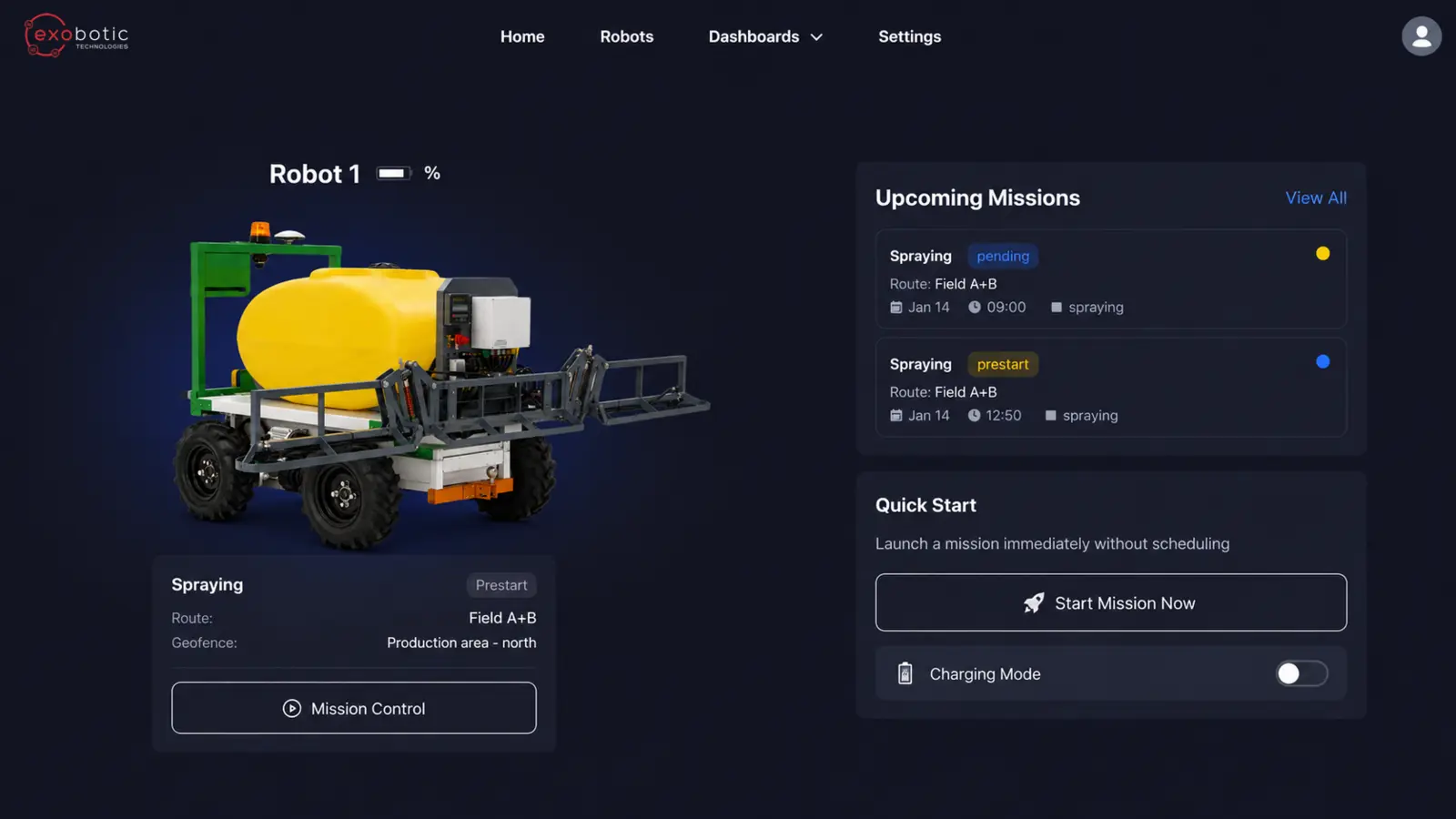 Exobotic Navigation fleet overview showing a robot with battery and upcoming missions